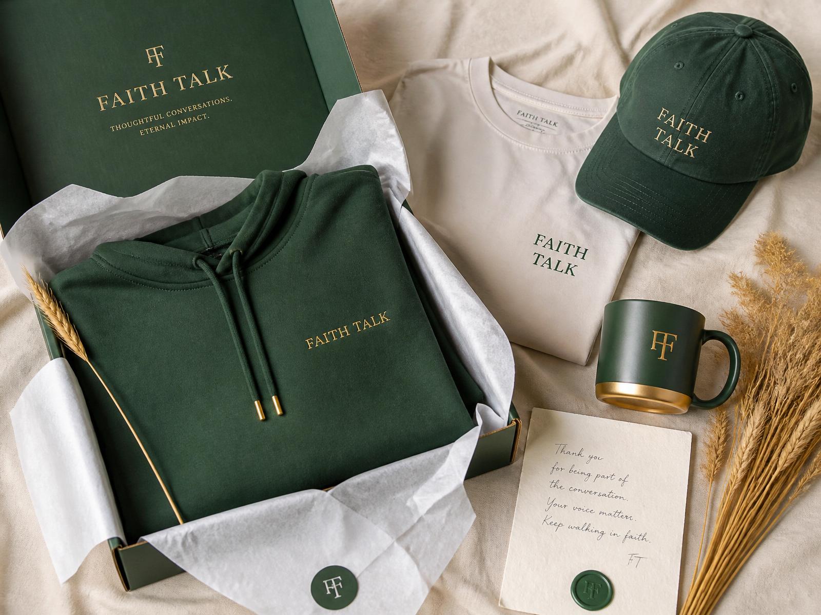 Faith Talk PR box with cream hoodie, tee, cap and handwritten note
